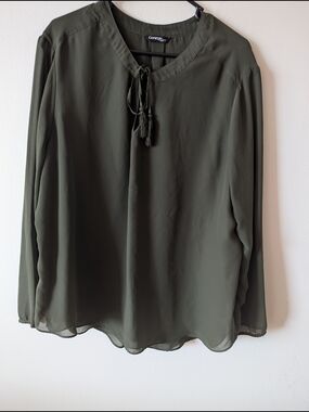 George Olive Tie-Neck Long Sleeve Lightweight 2 Layers Blouse 3X